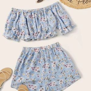 Blue floral off the shoulder crop top and shorts